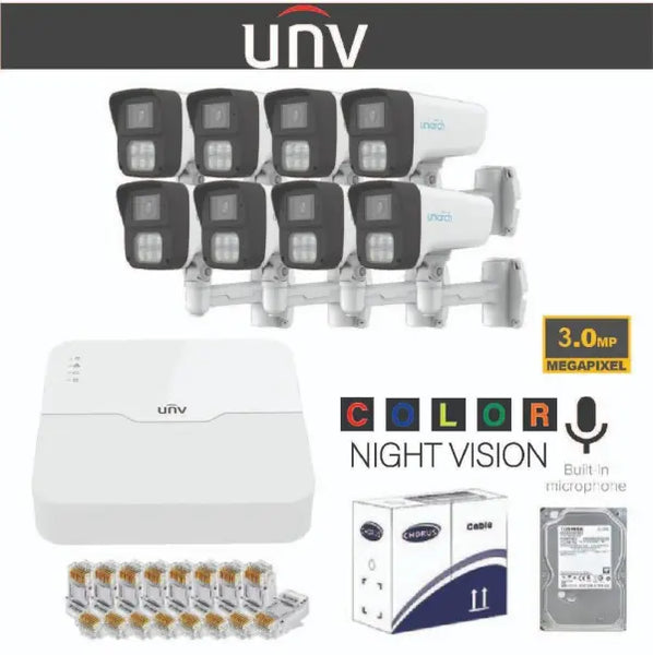 UNV IP 3MP Colour Night & Built-in Mic kit 8 Channel 8 Cameras