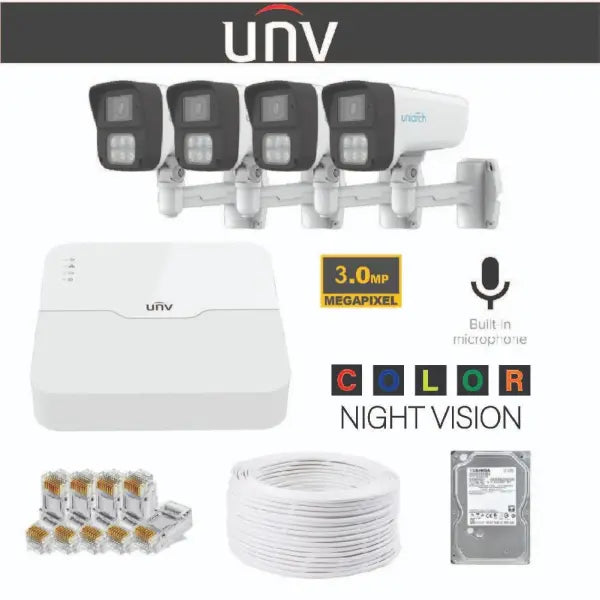 UNV IP 3MP Colour Night & Built-in Mic kit 4 Channel 4 Cameras