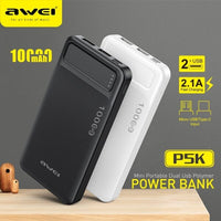 AWEI P5K Portable Power Bank 10000mAh Powerbank Dual USB A Type c Micro Dual input Fast Charge Travel Poverbank For Mobile Phone