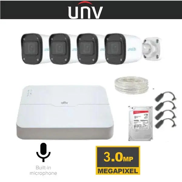 UNV 3MP(POE Injector Bundled) Kit 4 Cameras With Integrated Mic & 4 Channels NVR with 75M Cables and 1TB HDD