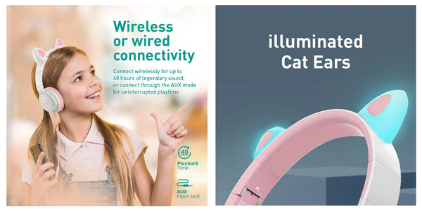 Promate Kids Wireless Bluetooth Headphones with LED Cat Ears, Safe Volume Limit, Mic